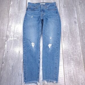 Levi's Wedgie Straight Jeans Womens 25 Blue Distressed Raw Hem High Rise